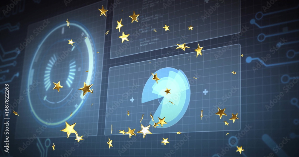 Poster drifting golden stars in virtual interface with gauge display pie-chart and circuit-grid motifs