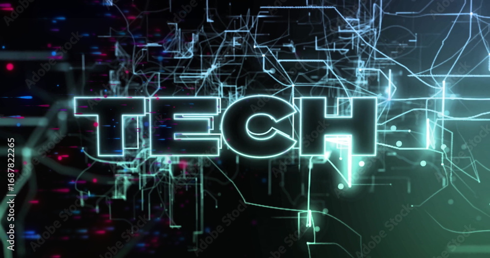 Poster glowing large tech lettering pulsating in virtual interface, with neon circuits, nodes and flickers