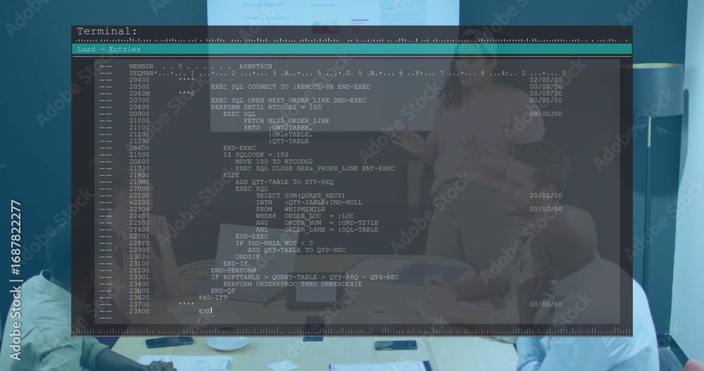 Poster overlaying faded terminal showing code while collaborating in conference room, with projector