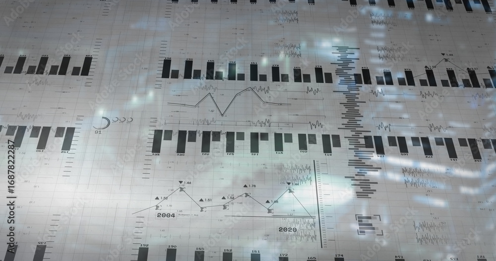 Poster projecting semi-transparent grid over blurred backdrop, showing bar charts, line graphs, sparklines