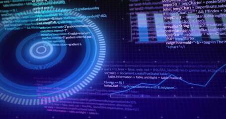 Spinning holographic UI gauge showing code over grid with glowing hexagon network nodes, copy space