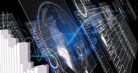 Wireframe globe rotating in virtual environment, HUD panels, blue line graph, gauges, white bars