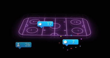 Purple wireframe hockey board floating in digital void, with notification badges, confetti