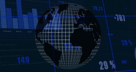 Showing 3D wireframe globe rotating on grid in dashboard, featuring floating numbers Feb–Apr bars