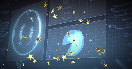 Drifting golden stars in virtual interface with gauge display pie-chart and circuit-grid motifs