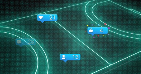Floating blue social media icons drifting over neon green grid visualization, with reaction counts