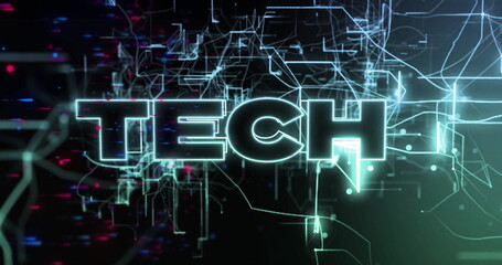 Glowing large TECH lettering pulsating in virtual interface, with neon circuits, nodes and flickers