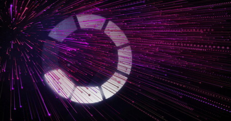 Rotating segmented spinner radiating magenta-violet streaks in network tunnel, with binary dots