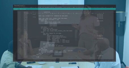 Overlaying faded terminal showing code while collaborating in conference room, with projector