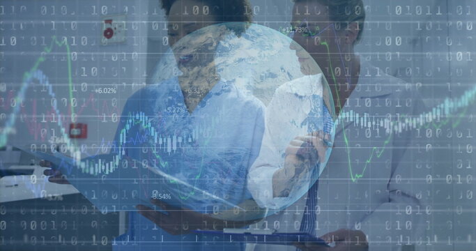 Analyzing line charts by businesswomen in suits in office, with tablet stylus globe overlay