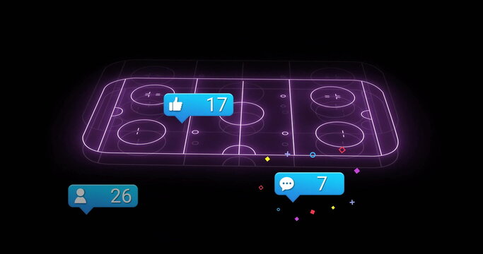 Purple wireframe hockey board floating in digital void, with notification badges, confetti - Powered by Adobe