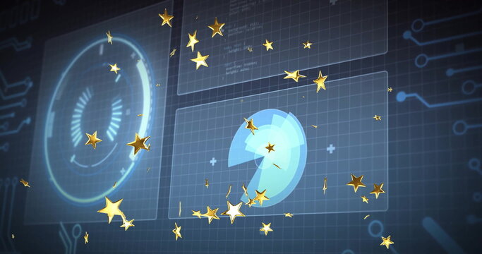 Naklejki Drifting golden stars in virtual interface with gauge display pie-chart and circuit-grid motifs