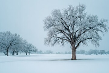 Fototapeta premium Snowy landscape features frost-covered trees under a gray sky during winter