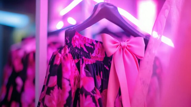 Vibrant pink dress with floral patterns and bow on hanger under neon lights