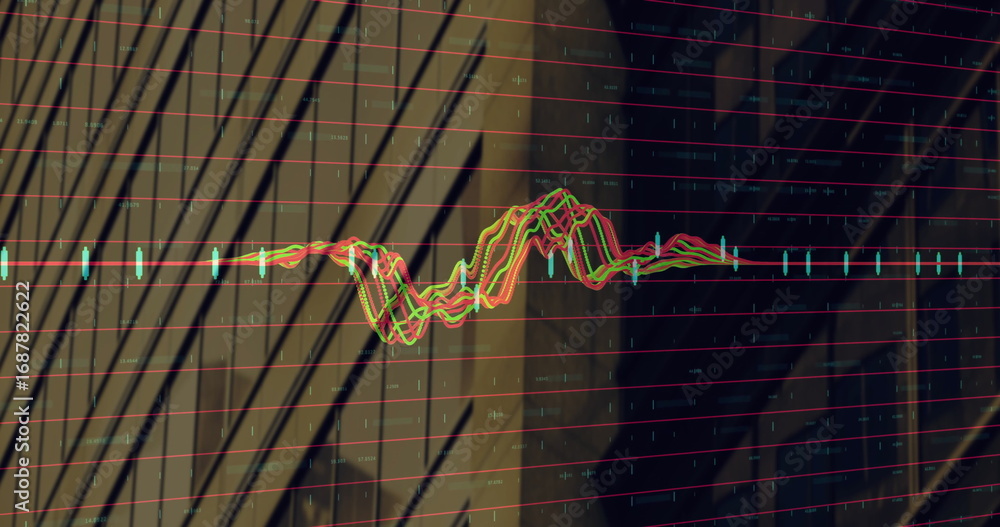 Poster displaying waveform chart on shaded wall with red grid lines, teal candlestick markers, axis labels