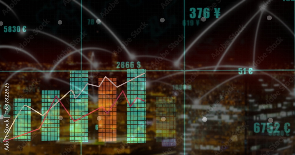 Poster displaying data overlay over urban skyline at night, with bar charts, line graphs and network arcs