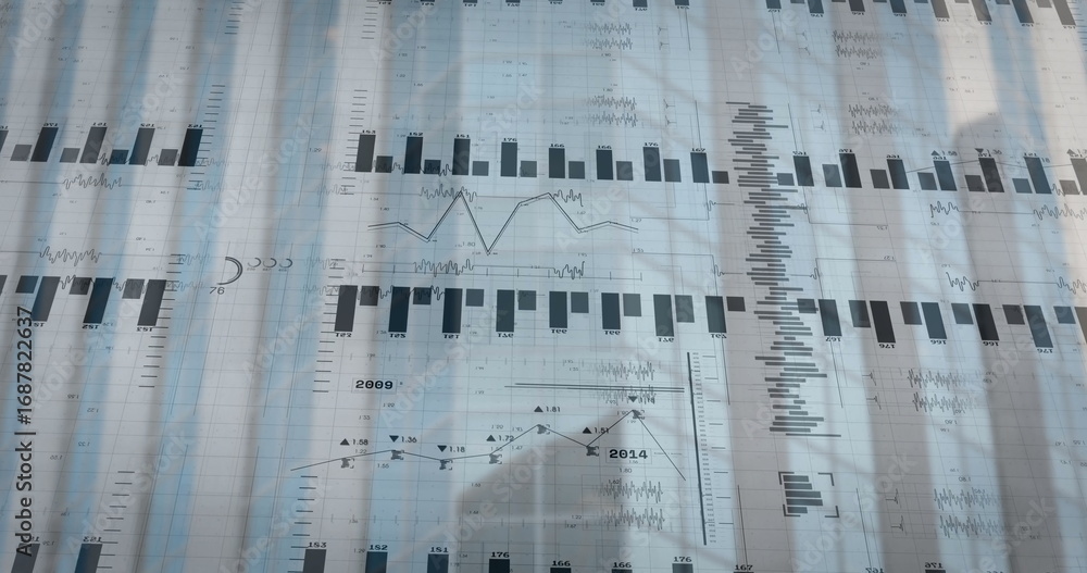 Poster displaying bar charts and line graphs on ridged screen in office, with tripod camera silhouette