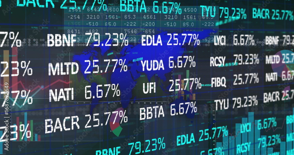 Poster displaying trading data streaming on trading screen, with stock tickers, percentage values, charts