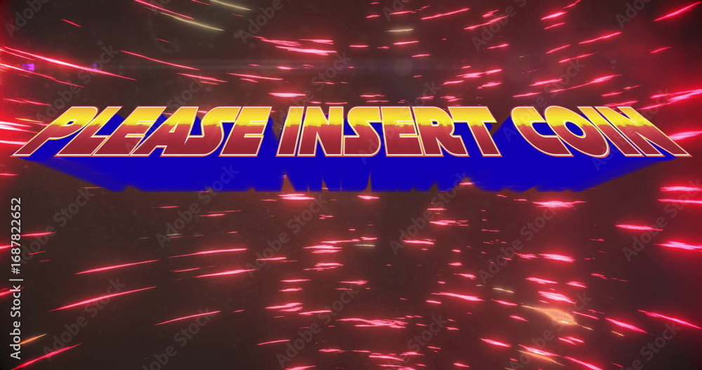 Poster displaying retro 3d arcade text reading please insert coin in cosmic neon start screen