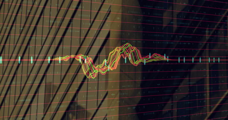 Displaying waveform chart on shaded wall with red grid lines, teal candlestick markers, axis labels