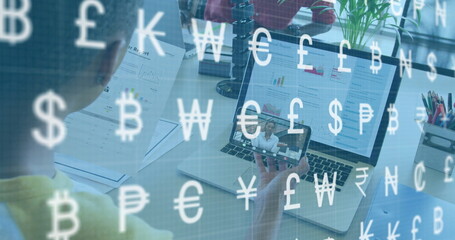 Analyzing charts on desk, man holding smartphone call screen amid currency overlay, copy space
