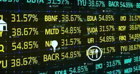 Displaying ticker showing values over grid on trading floor with triangular data markers and icons