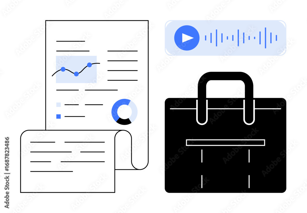 Aufkleber documents with graphs, charts, audio waveform with play button, black briefcase. ideal for data anal