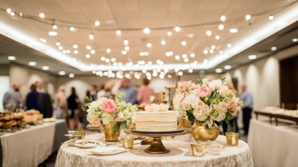 A beautifully arranged wedding buffet with tiered cake and floral decor, evoking romance and joy.