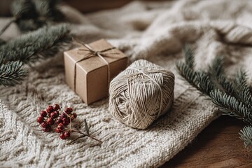 Gifts wrapped in brown paper sit on a knitted blanket with yarn and seasonal greenery in a cozy winter setting