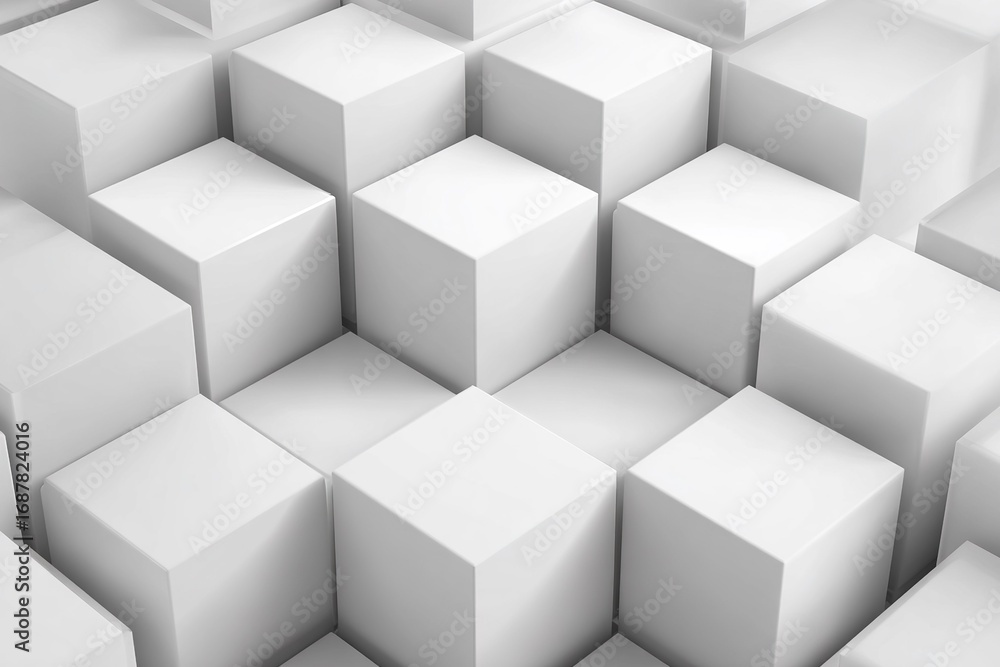 Poster white cubes arranged in a geometric pattern highlighting three-dimensionality and depth in a modern 