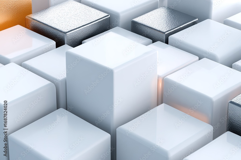 Poster Abstract composition of white and metallic cubes arranged in an artistic manner showcasing depth and texture