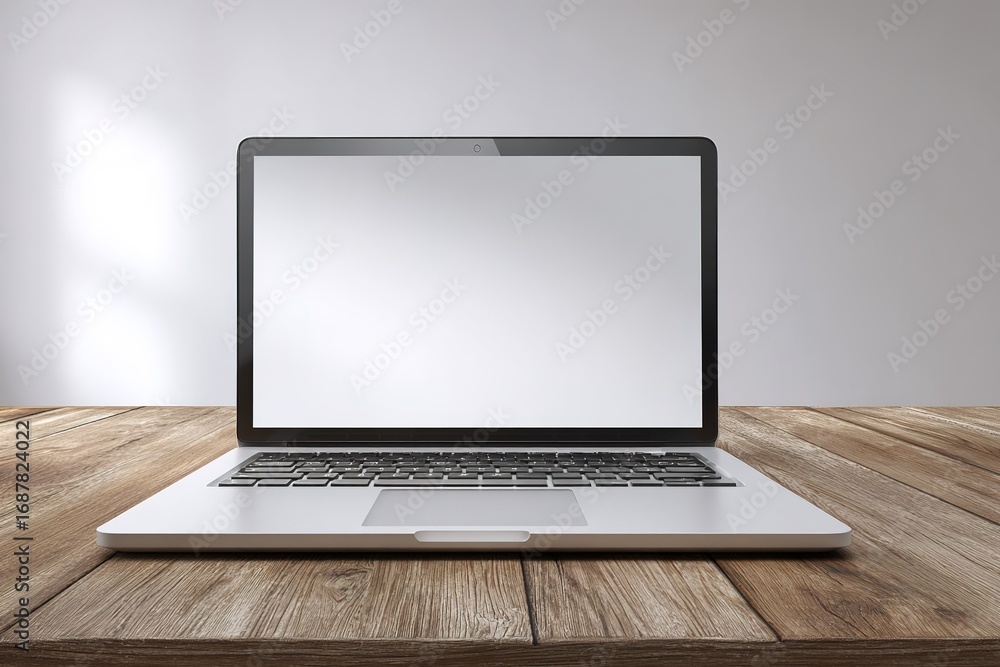 Poster Laptop placed on a wooden table in a well-lit indoor setting, ready for use and displaying a blank screen