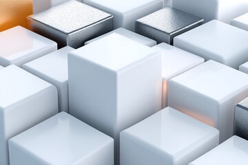 Obraz premium Abstract composition of white and metallic cubes arranged in an artistic manner showcasing depth and texture