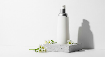 Elegant White Bottle with Delicate White Flowers on a Concrete Pedestal with Soft Shadow