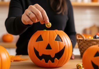 A persons hand dropping a candy into a carved pumpkin for halloween, with other pumpkins and a basket in the background