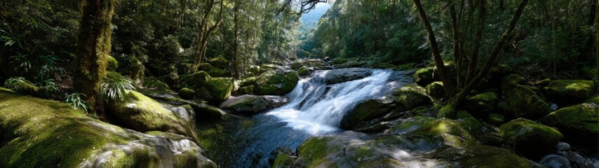 Fototapeta premium Flowing waterfall adventure enchanted forest nature photography serene environment aerial view tranquility concept