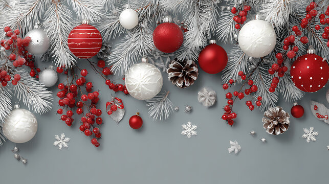 Festive Christmas Arrangement with Baubles, Berries, and Pine Cones on Grey