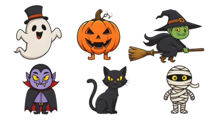 Cute cartoon halloween characters including a ghost, pumpkin, witch, vampire, black cat, and mummy, isolated on white background