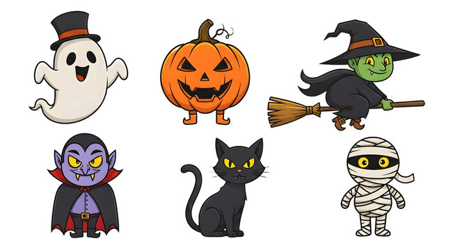Cute cartoon halloween characters including a ghost, pumpkin, witch, vampire, black cat, and mummy, isolated on white background