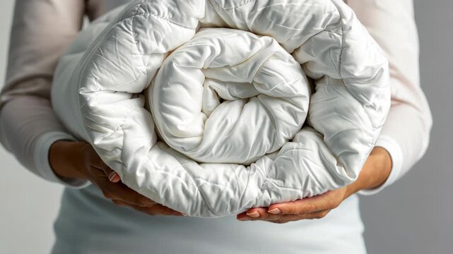 Cozy Comfort: This image presents a close-up of a person holding a tightly rolled, pristine white duvet, promising warmth and comfort. It's an invitation to relaxation and a restful experience.