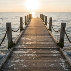 Fototapeta premium Empty Wooden Pier at Sunset with Crashing Waves and Golden Light