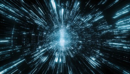 The illustration shows a dark tunnel with bright blue lines radiating outward from a central point, creating a sense of depth and movement.