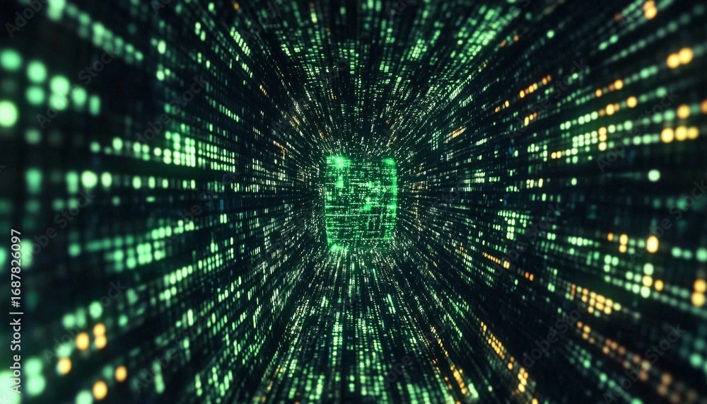 Poster the illustration shows a digital tunnel with green and yellow binary code flowing through a dark spa