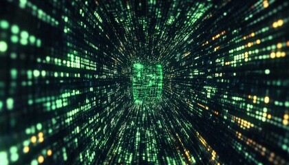 The illustration shows a digital tunnel with green and yellow binary code flowing through a dark space.