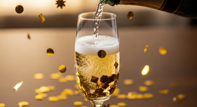 A festive New Year's celebration with a bottle pouring sparkling champagne into a glass amidst falling golden confetti - Powered by Adobe