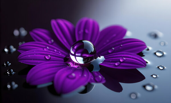 Purple Daisy with Water Droplets and a Reflection Sphere Close-Up