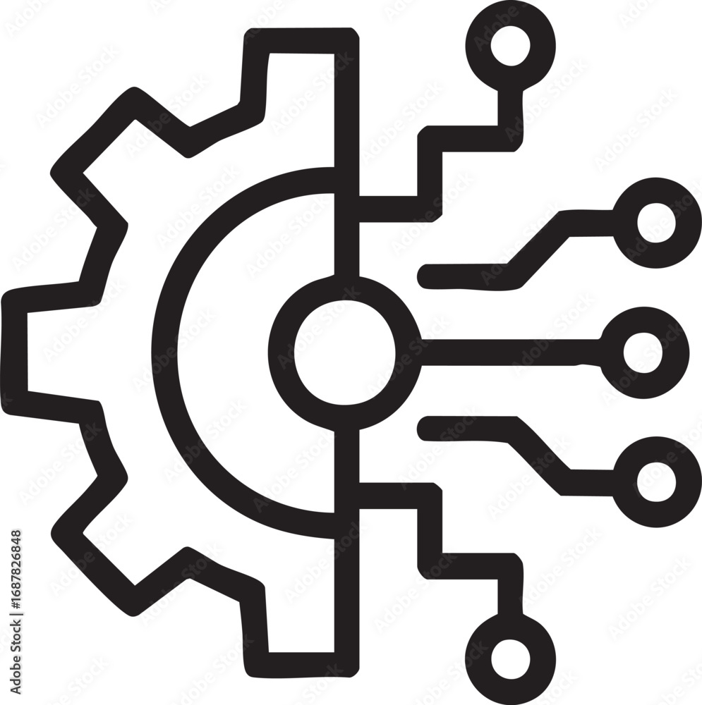 Poster gear and circuit technology outline icon innovation automation digital engineering machine learning 