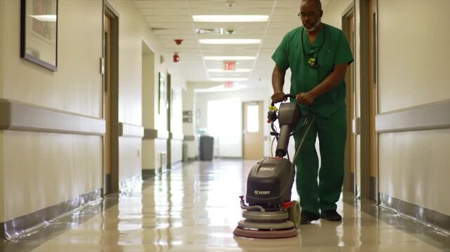 Hospital janitor professionally polishing a long, sterile corridor floor.