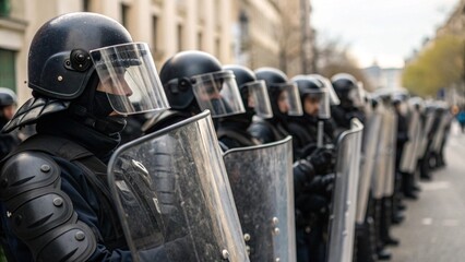 Close Up of Riot Police Forming Blockade with Shields and Helmets in Urban Street