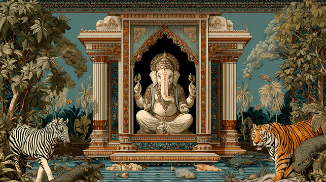 Hindu deity statue with zebra and tiger in ornate archway